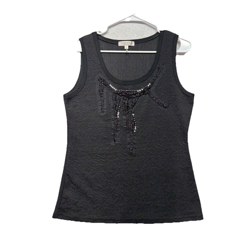 Forla Paris Top Boho Lace Stretch Sz Large Sleeveless Tank Beaded Dark Whimsical